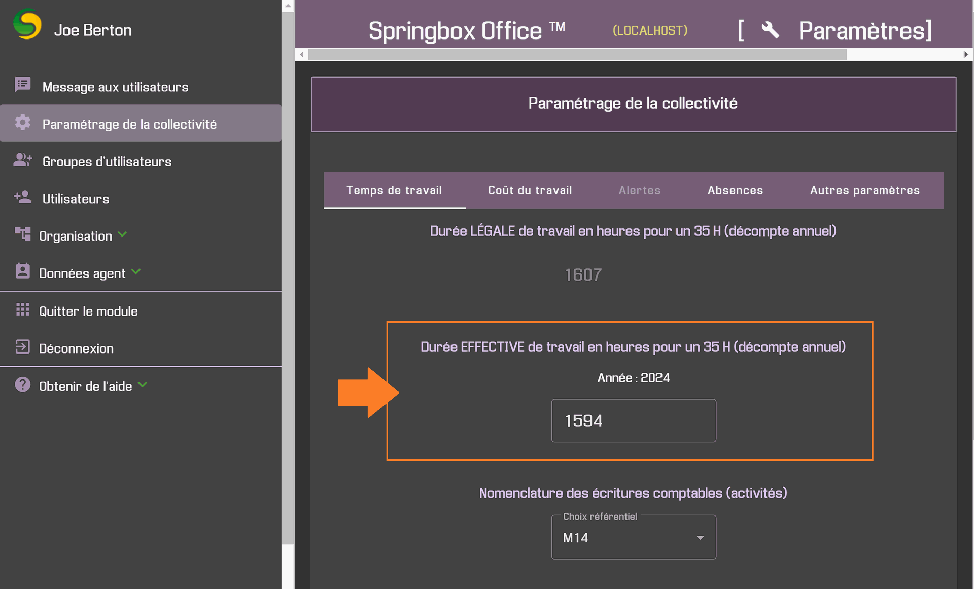 Paramétrage temps de travail